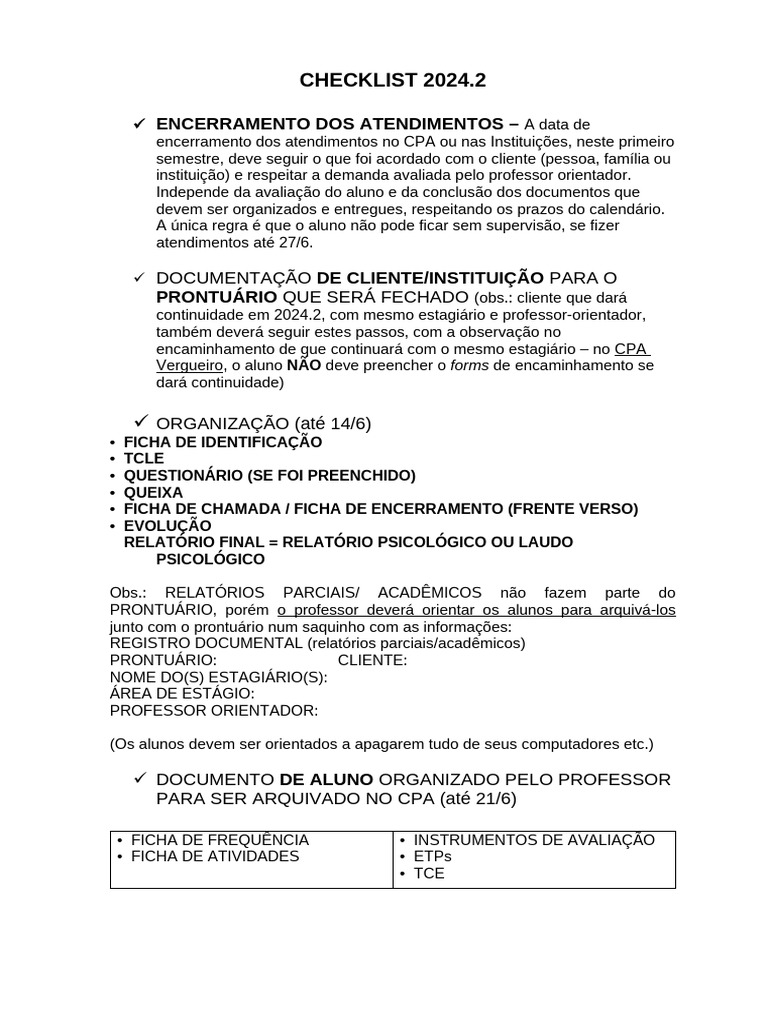 2024.1 Checklist Alunos | PDF