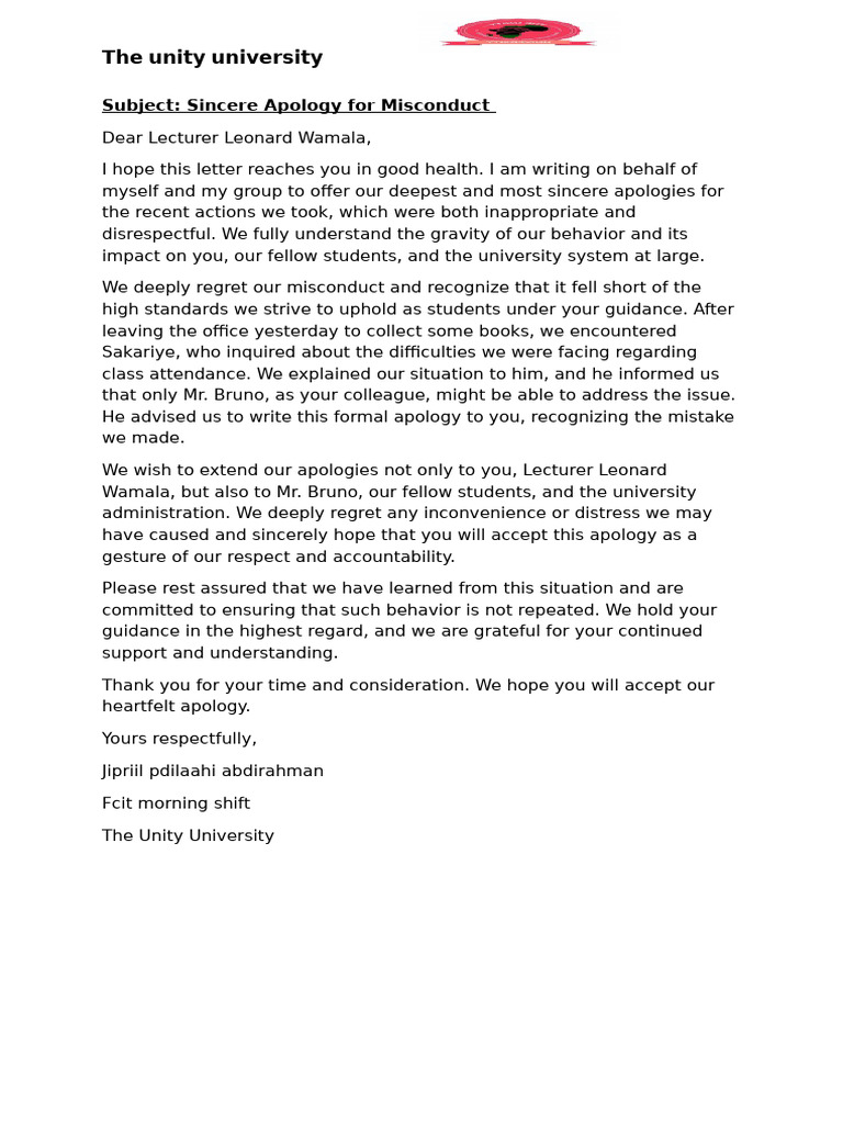 The Unity University: Subject: Sincere Apology For Misconduct | PDF