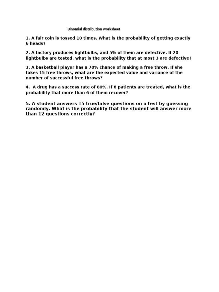 Binomial Distribution Worksheet | PDF