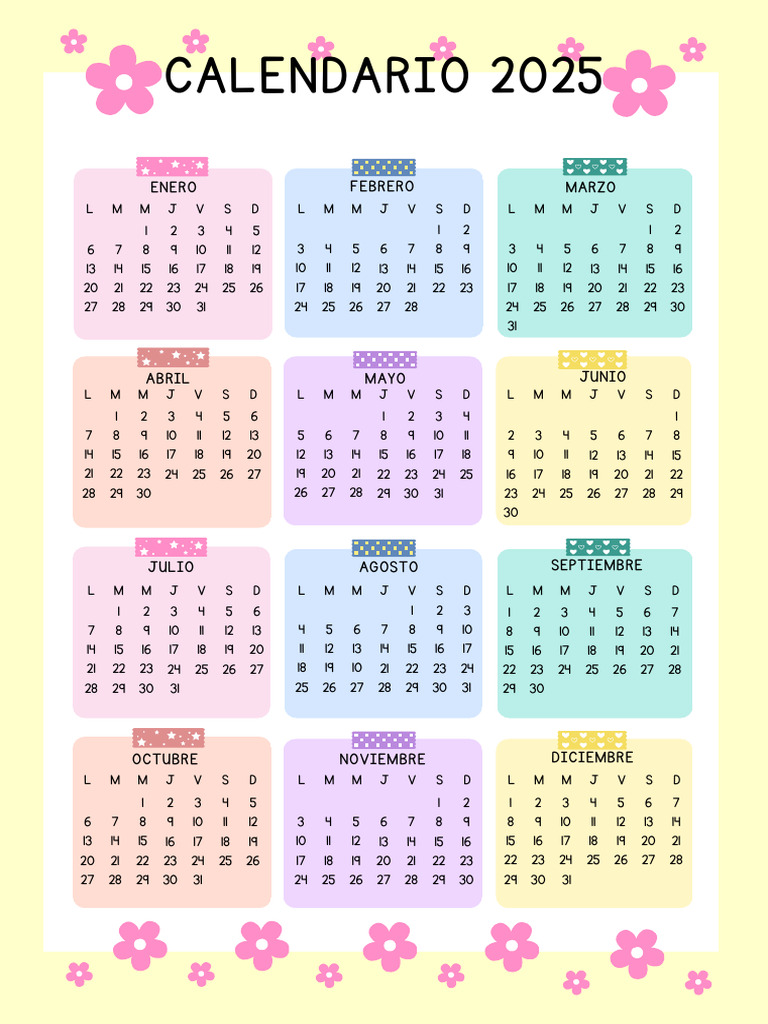 Documento A4 Calendario 2025 para Imprimir Bonito Infantil Colorido Pastel PDF PDF