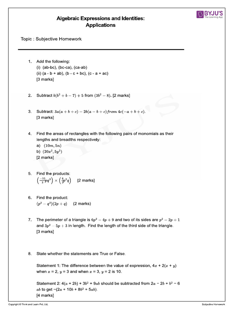 Algebraic Expressions and Identities - Applications - SUB - QN | PDF
