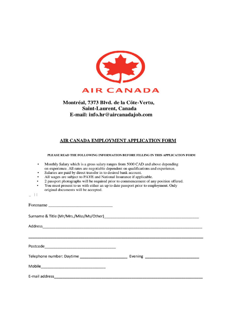 1z) A Air Canada Employment Application Form | PDF