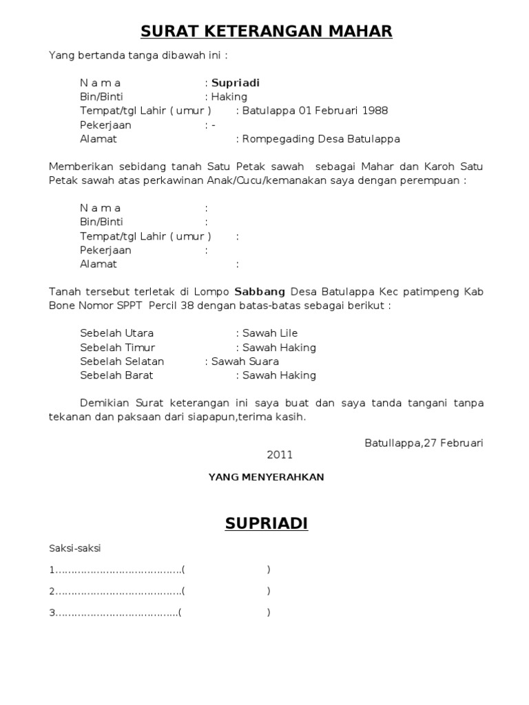 Surat Keterangan Mahar