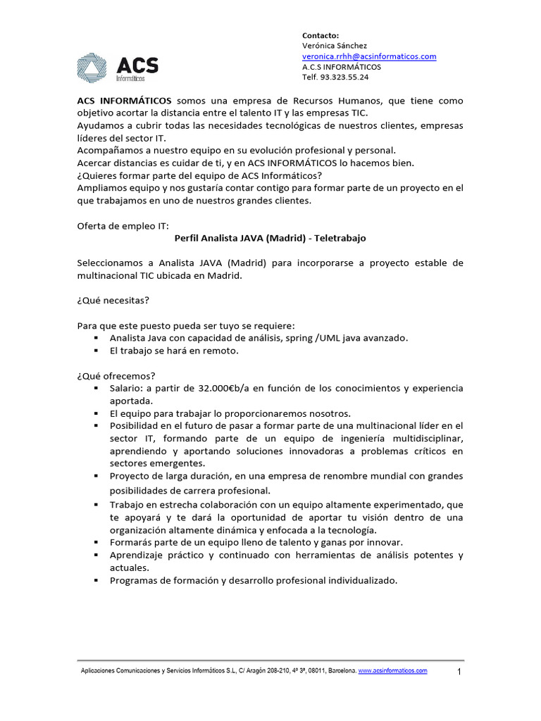 Oferta de Empleo: Analista JAVA Remoto | PDF | Java (lenguaje de ...