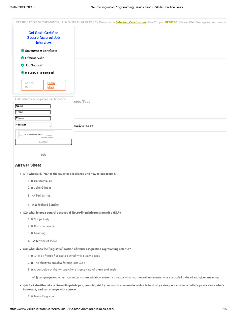 NLP Basics Test: Score & Answers | PDF | Neuro Linguistic Programming ...