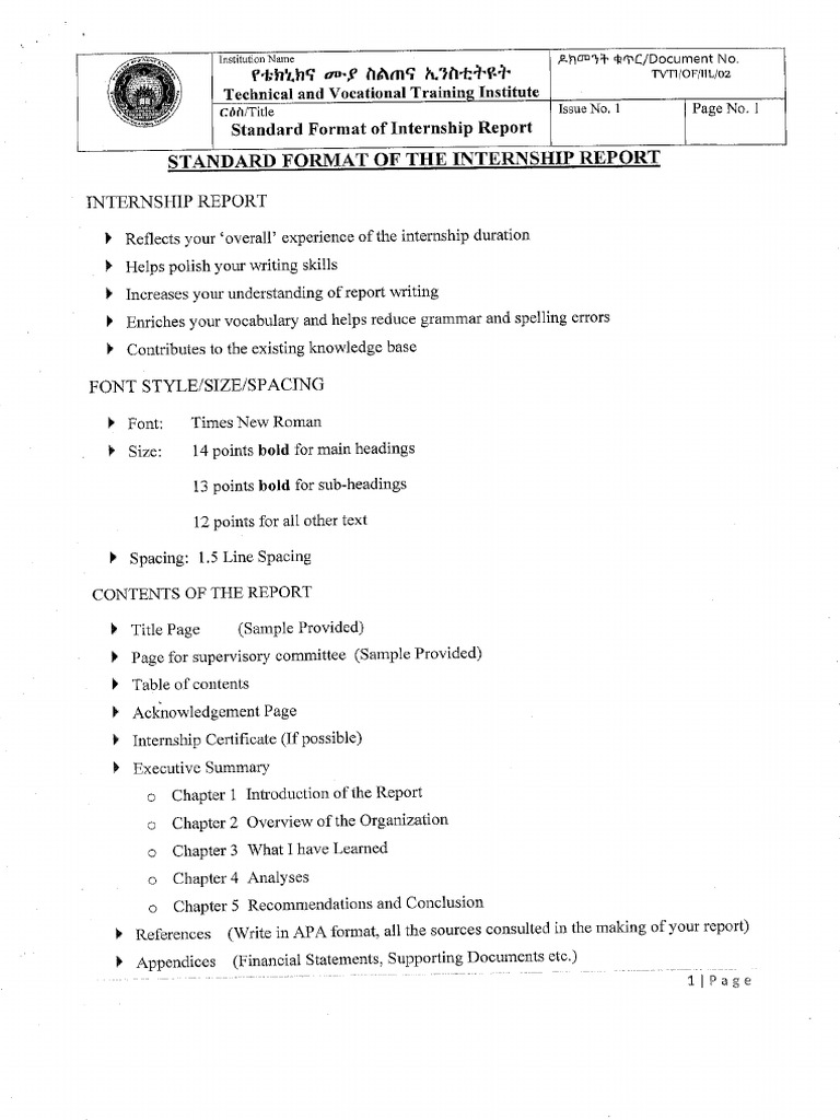Format Of Internship Report Pdf