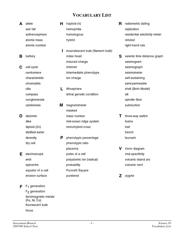 Science 10 Vocabulary List 2007/08 | PDF