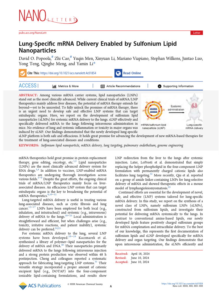 Lung-Specific mRNA Delivery Enabled by Sulfonium Lipid Nanoparticles | PDF