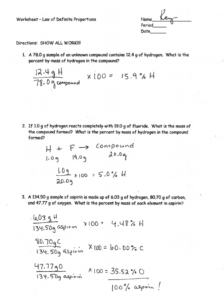 Law of Definite Proportions Worksheet Key | PDF