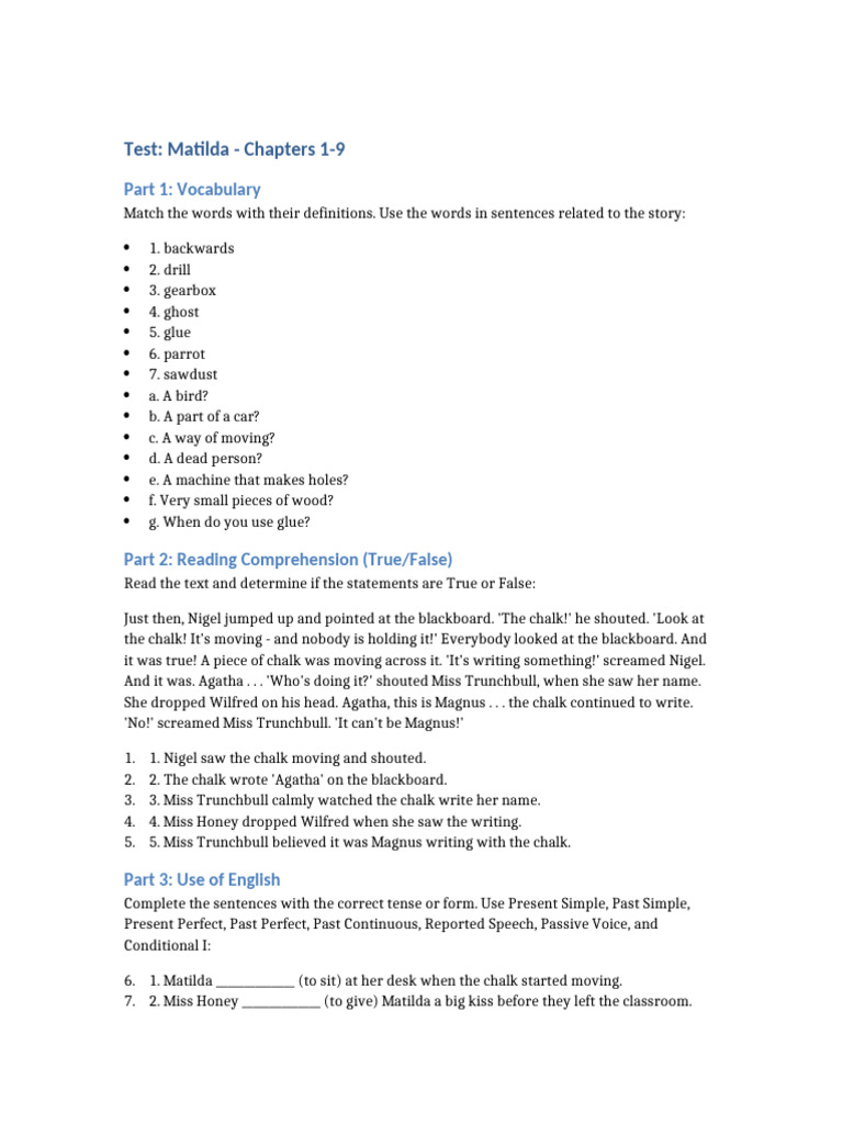 Matilda Test With Writing | PDF
