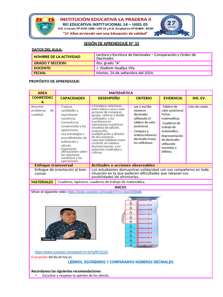Lectura y Escritura de Decimales en 6to | PDF | Decimal | Números