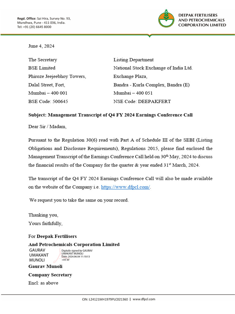 Subject: Management Transcript of Q4 FY 2024 Earnings Conference Call | PDF