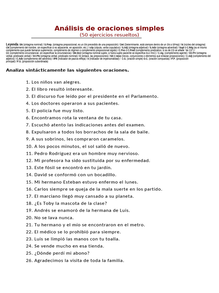Análisis de Oraciones Simples: 50 Ejercicios | PDF | Predicado ...