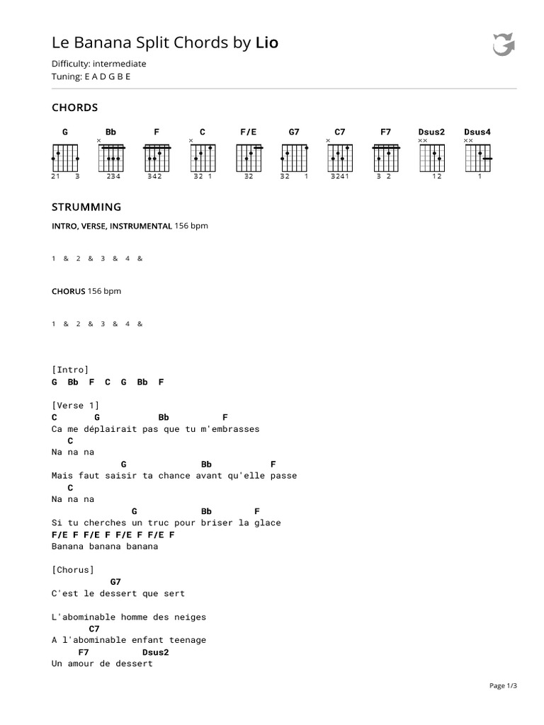 Le Banana Split Chords Complet by Lio | PDF