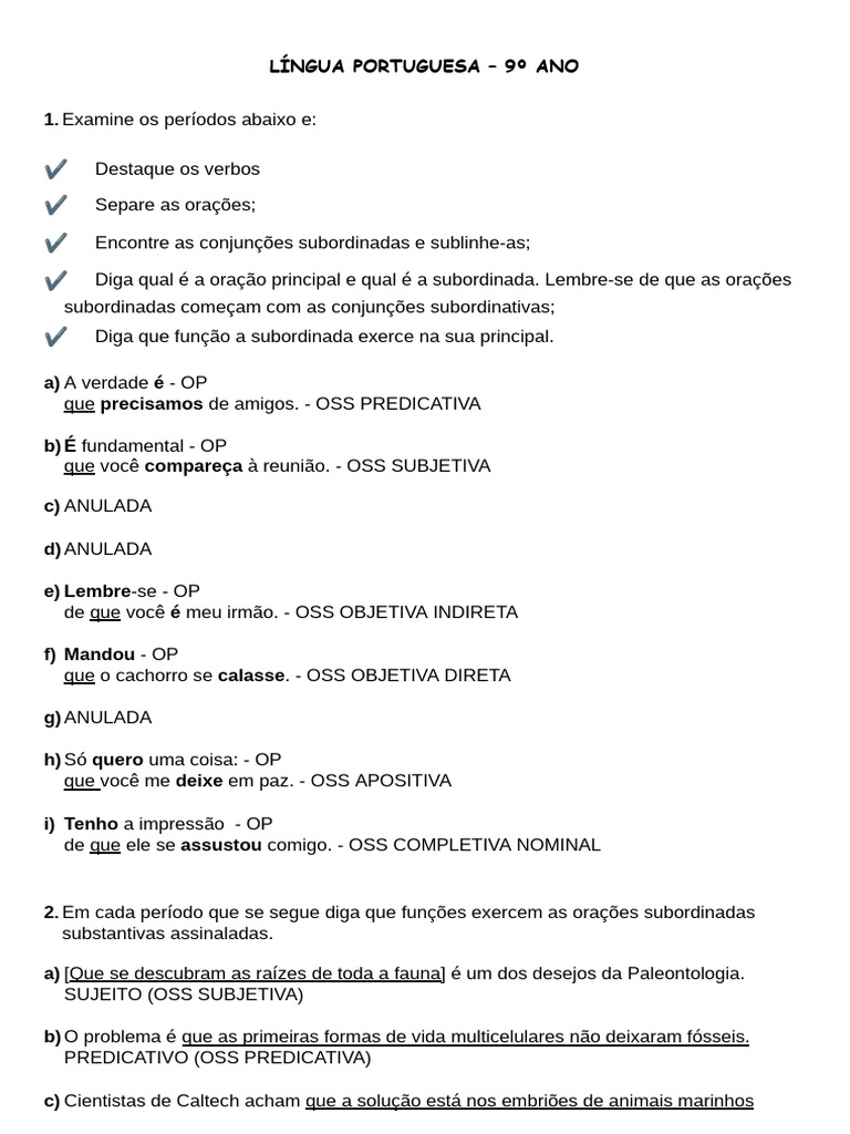 Gabarito Da Lista de Exercícios Sobre Orações Subordinadas Substantivas ...