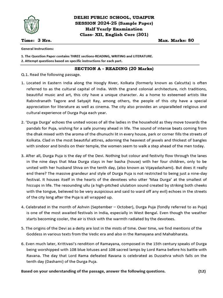 Half Yearly XII English Sample Paper | PDF