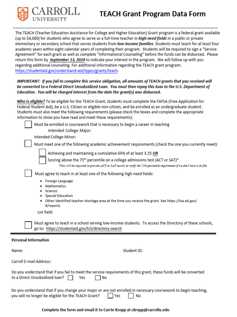 TEACH - Grant Program Data Form-Application 2024-25 | PDF