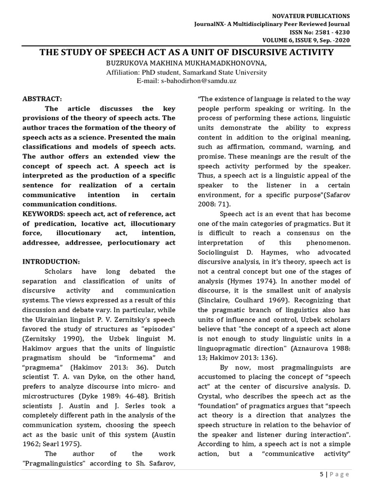 The Study of Speech Act As A Unit of Dis 3ce26055 | PDF