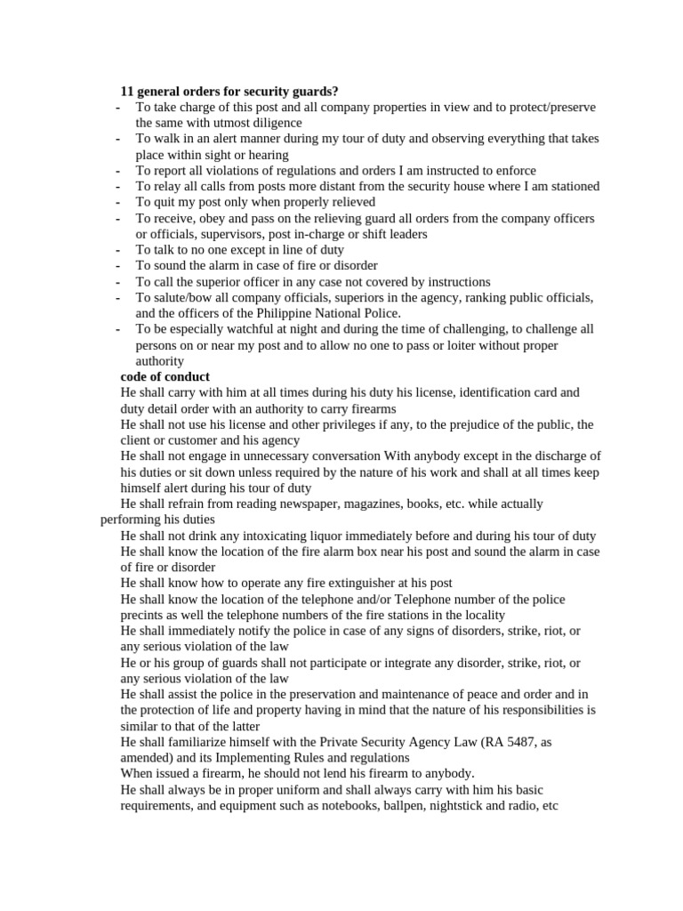 11 General Orders for Security Guards | PDF | Security Guard | Police