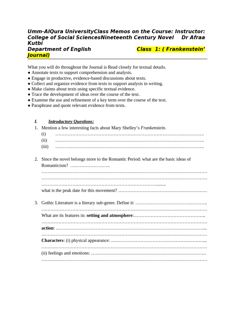 Frankenstein Packet For Sts | PDF