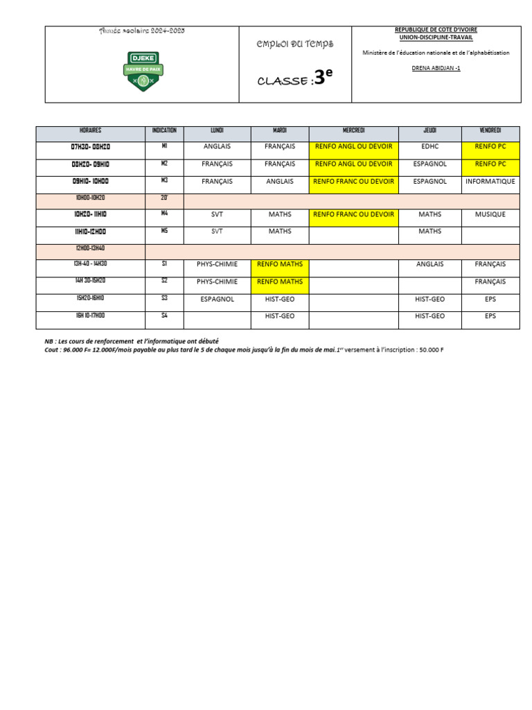 Emploi Du Temps 3e | PDF