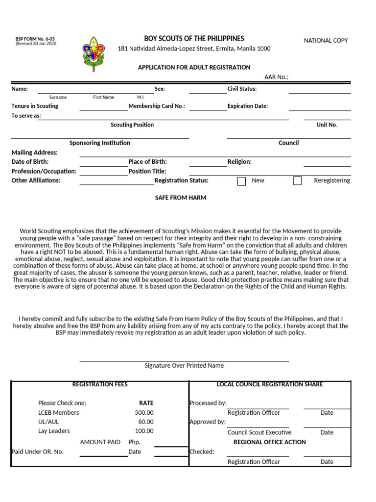 BSP Adult Registration Application Form | PDF | Child Protection ...
