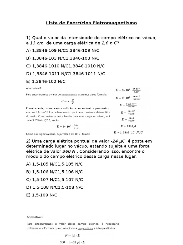 Exercícios de Eletromagnetismo e Conceitos | PDF
