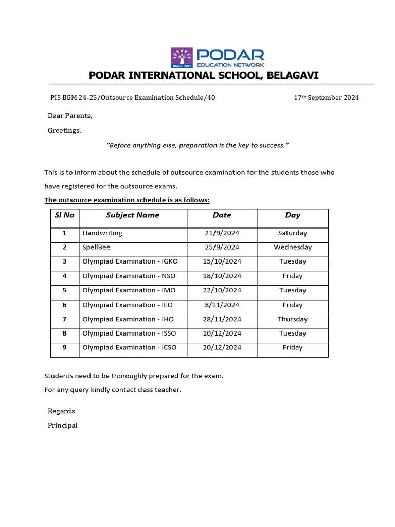 Outsource Examination Schedule Circular 2024-25 | PDF