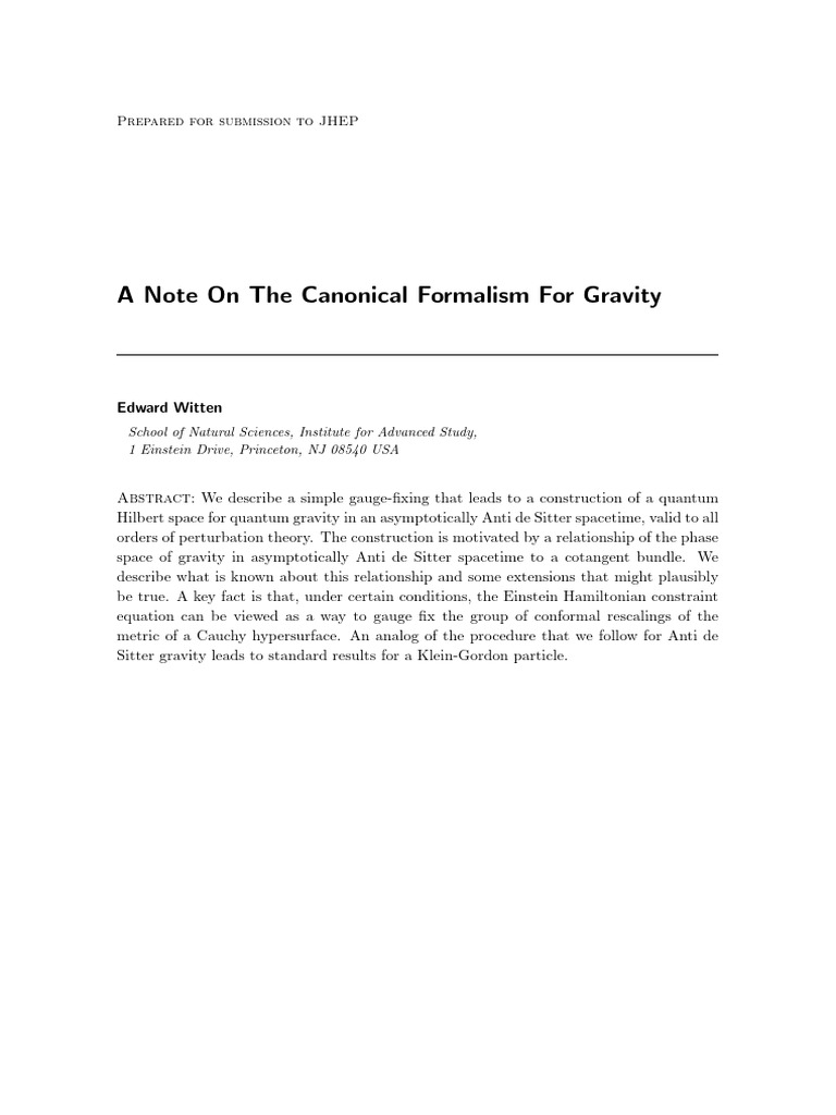 Edward Witten - A Note On The Canonical Formalism For Gravity | PDF