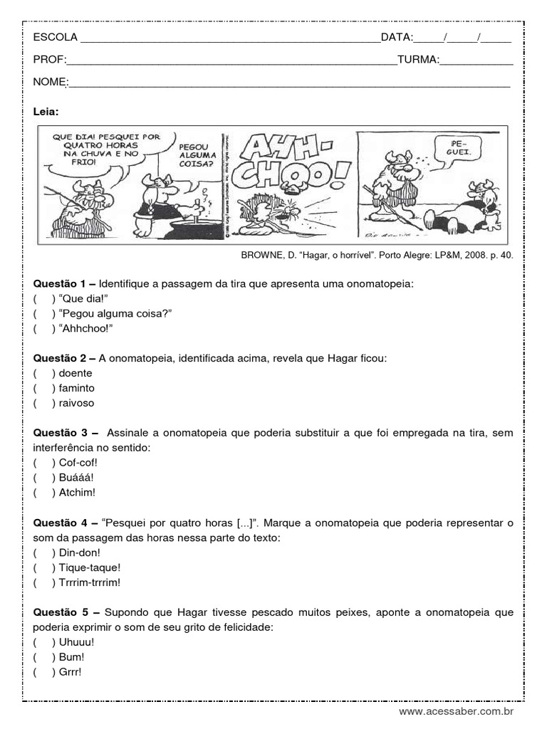 Atividade de Portugues Onomatopeias 6º Ano PDF 1 | PDF