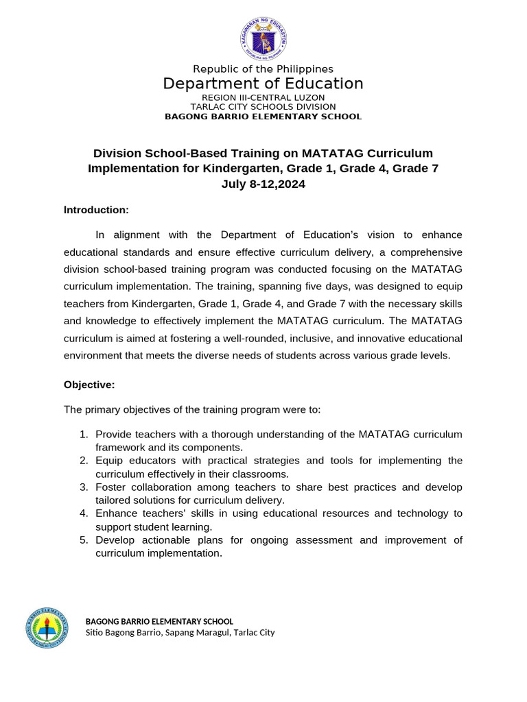 MATATAG Curriculum Training Report | PDF | Curriculum | Career & Growth