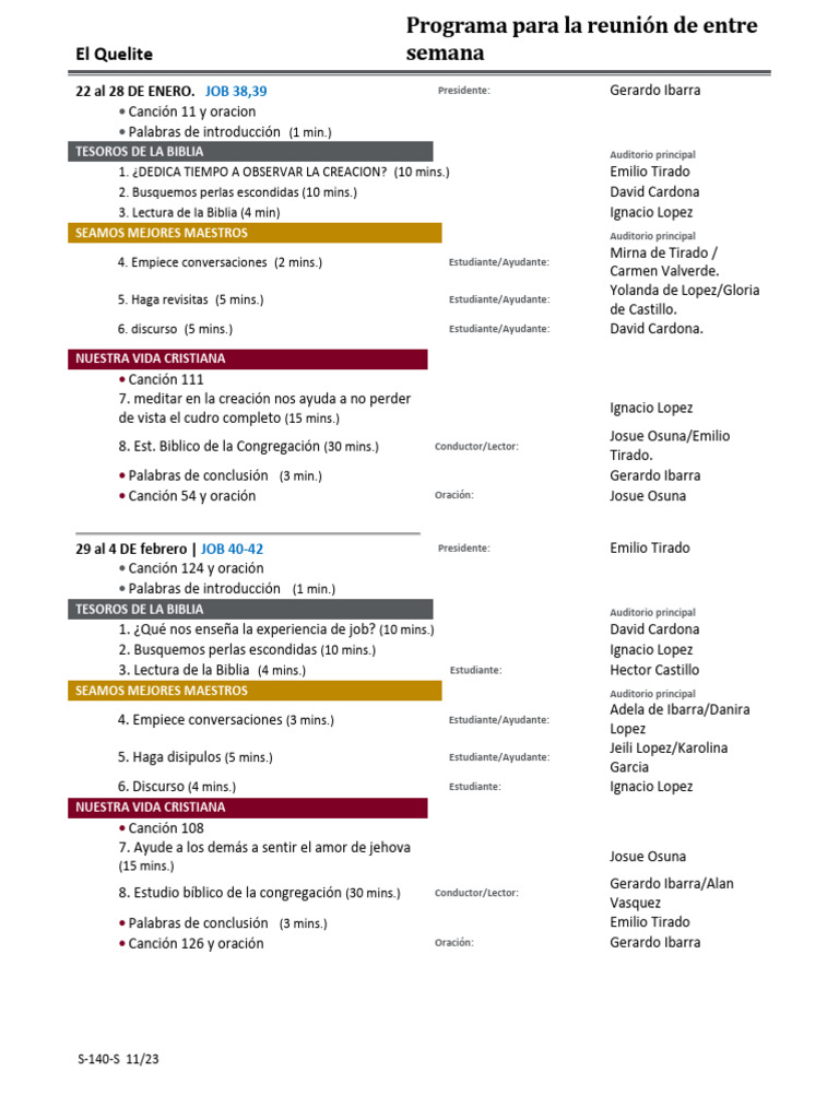 Programa de Reunión Semanal S-140-S | PDF