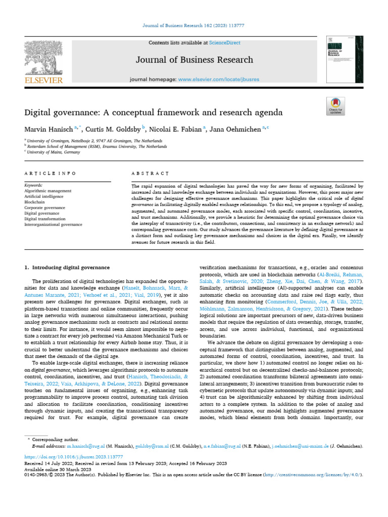 Digital Governance - A Conceptual Framework and Research Agenda | PDF