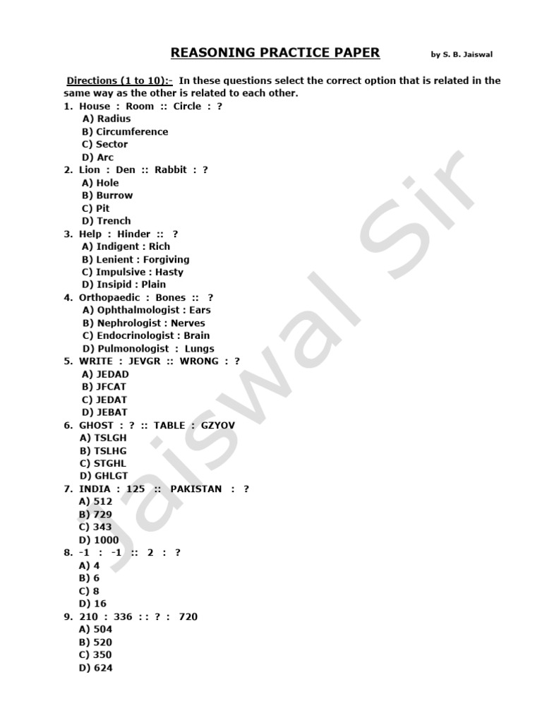 Reasoning Mid Term Practice Paper (Skills) - 2 | PDF