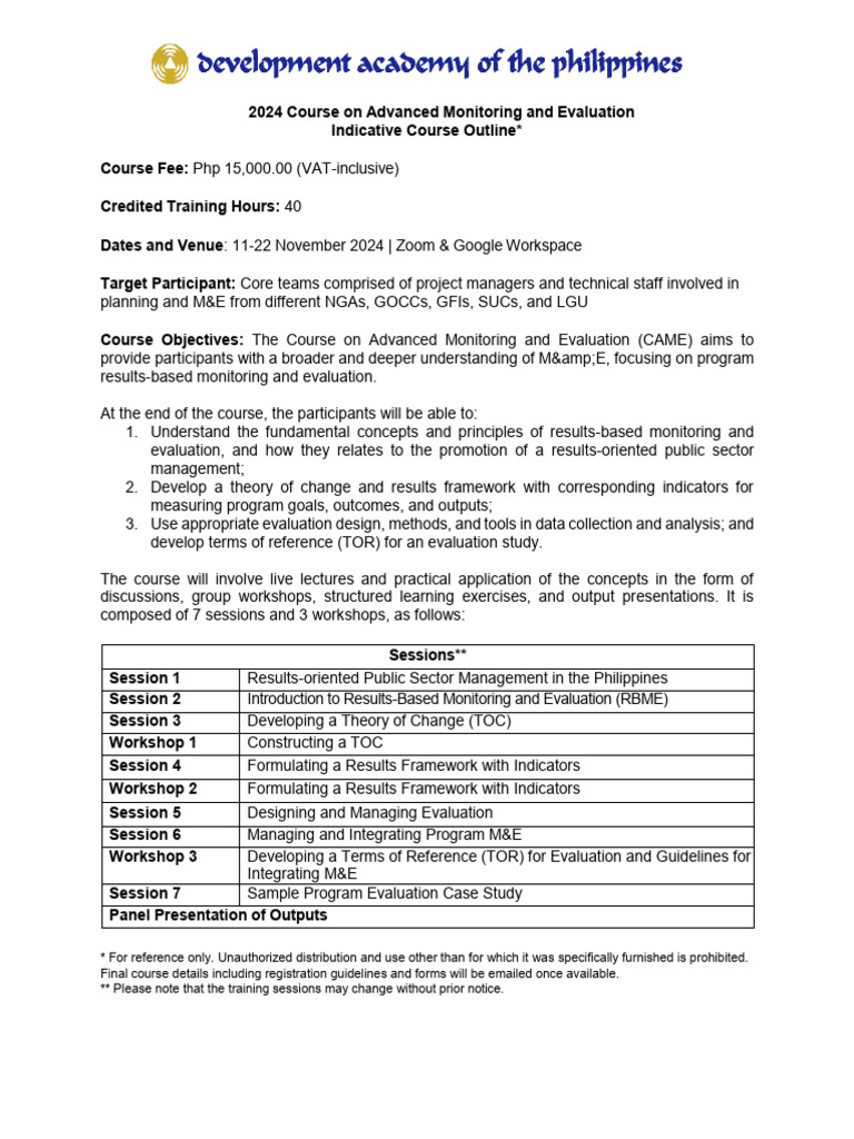 Advanced M&E Training Course 2024 | PDF