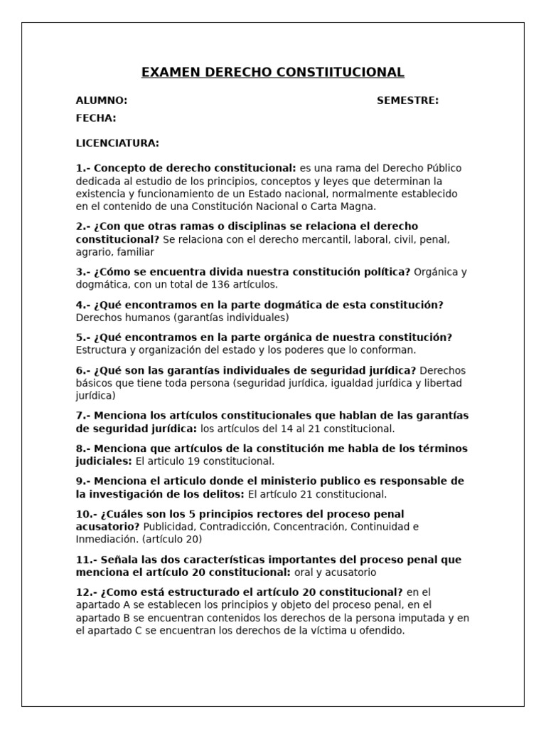 Examen de Derecho Constitucional | PDF | Derecho Constitucional | Derecho