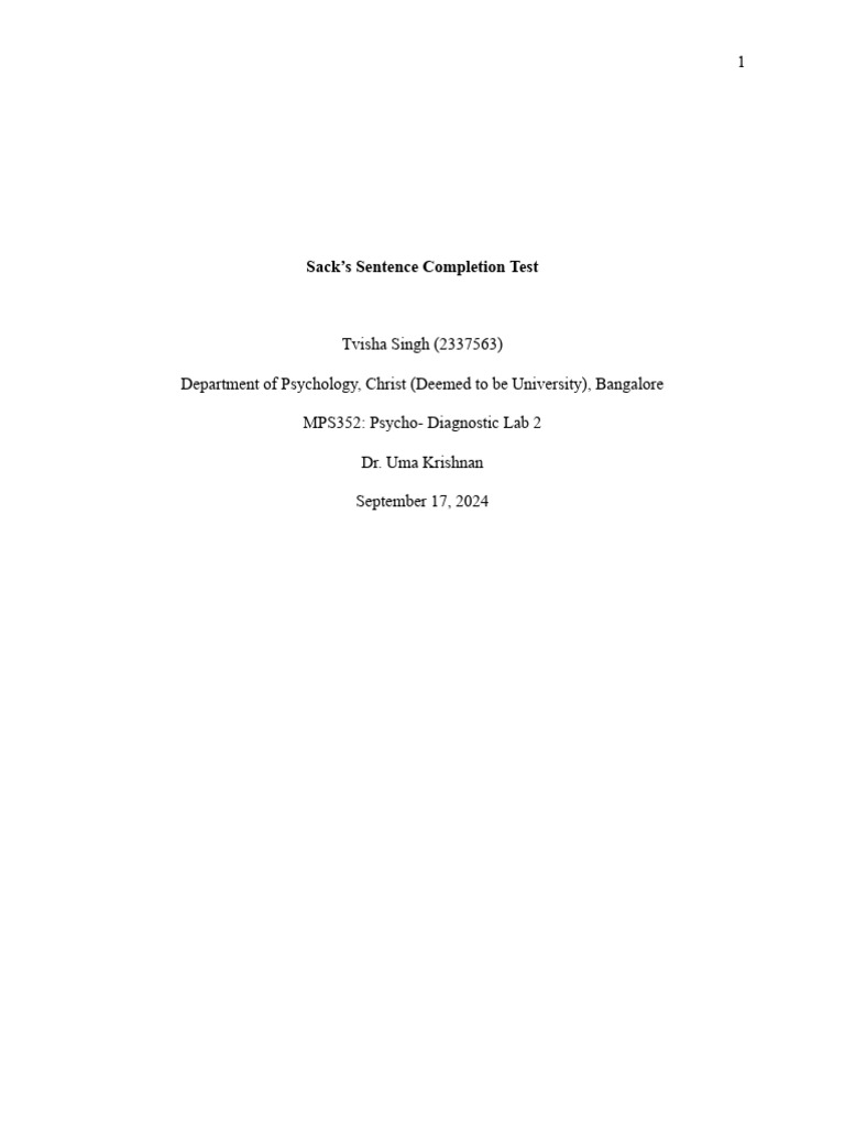 Sack's Sentence Completion Test Report | PDF | Substance Abuse ...