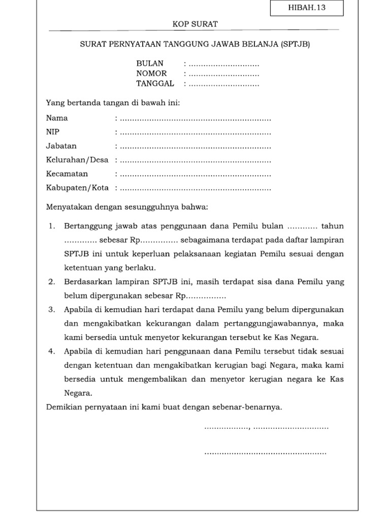 Contoh Form SPTJB Dan Lampiran | PDF