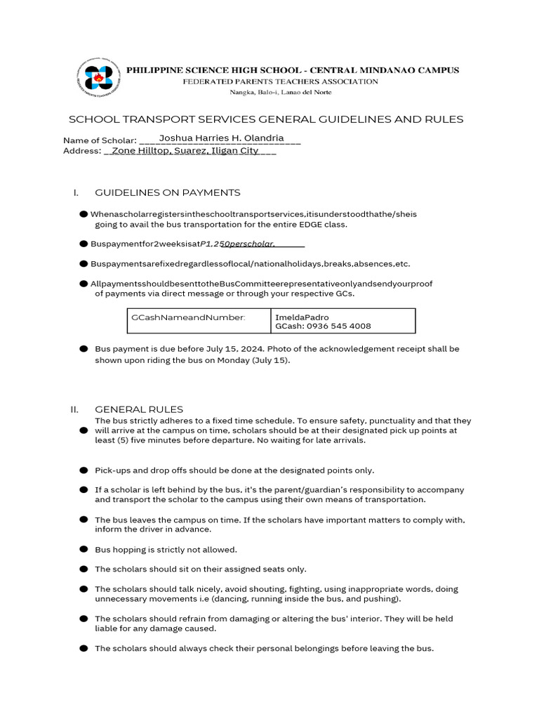 School Van Guidelines for Scholars | PDF