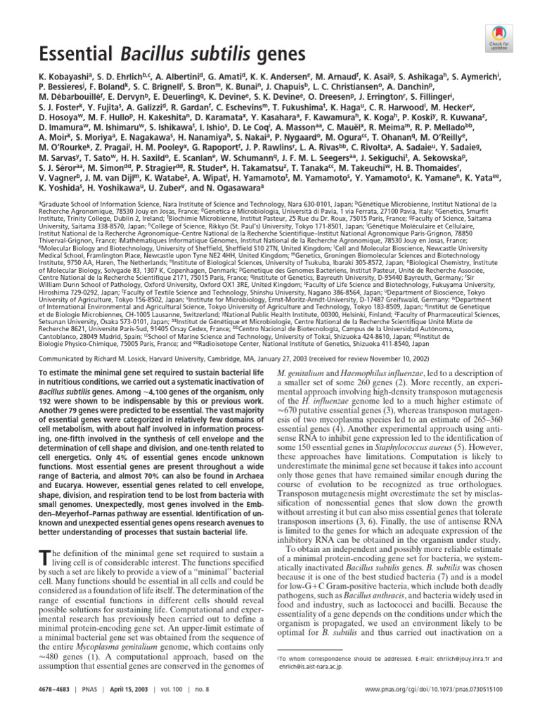 Kobayashi Et Al 2003 Essential Bacillus Subtilis Genes | PDF