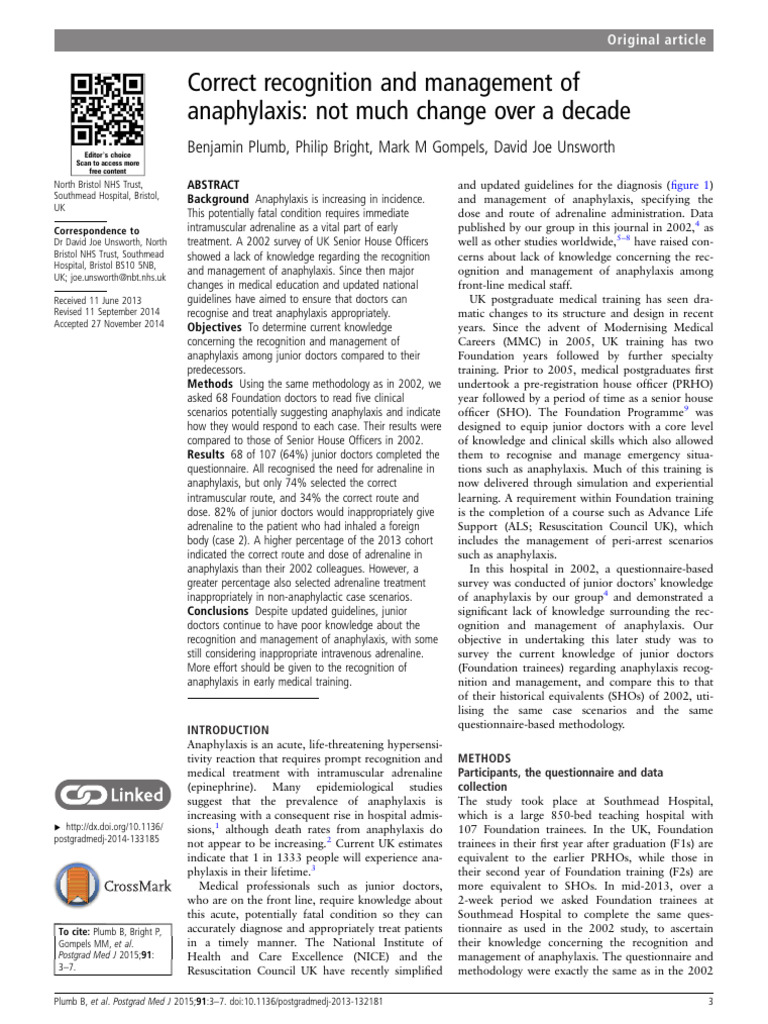 Correct Recognition and Management of Anaphylaxis | PDF