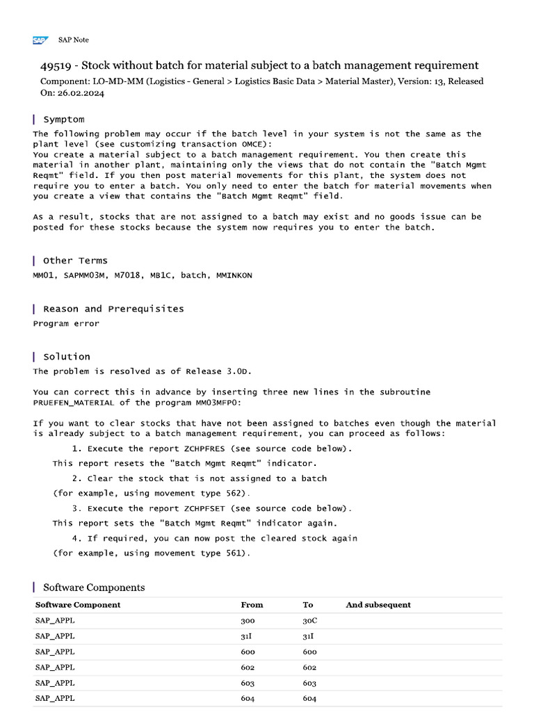 SAP Note - 49519 | PDF