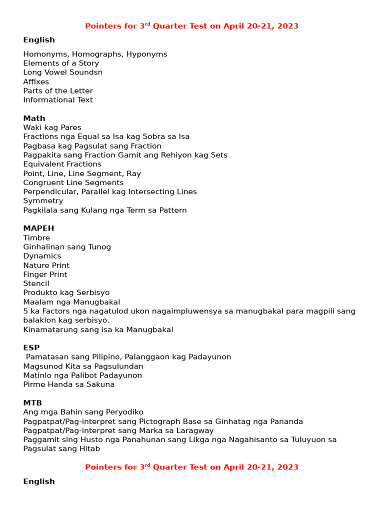 3rd Quarter Test Study Guide 2023 | PDF