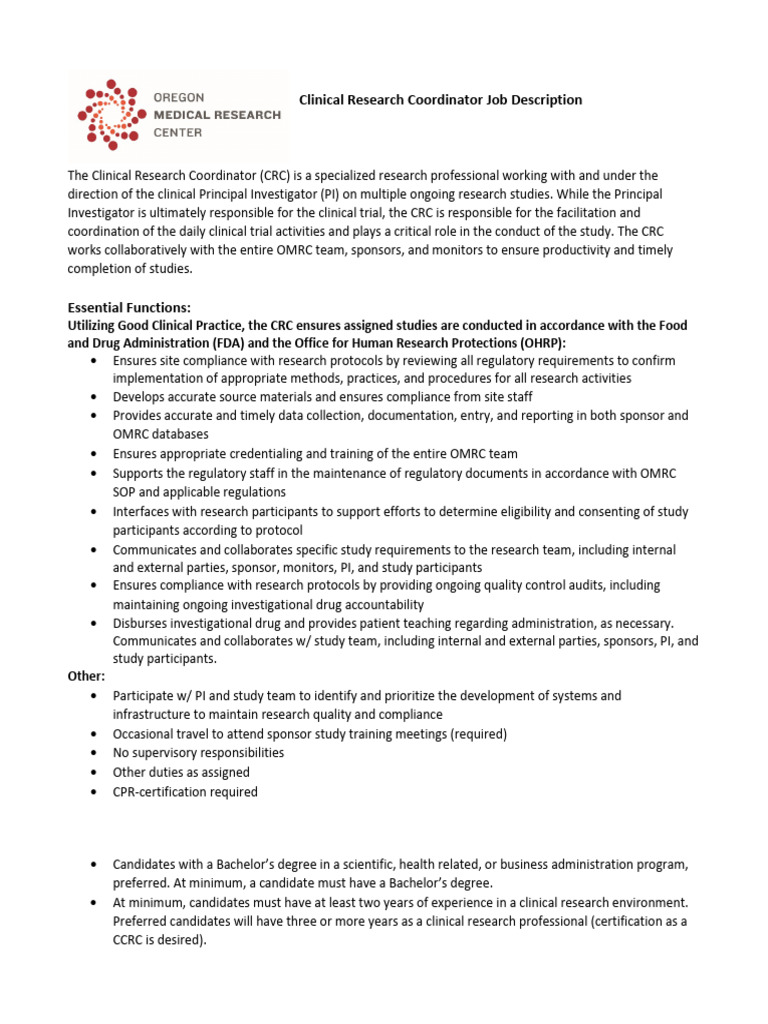 A closer look at Clinical Research Coordinator Job Description