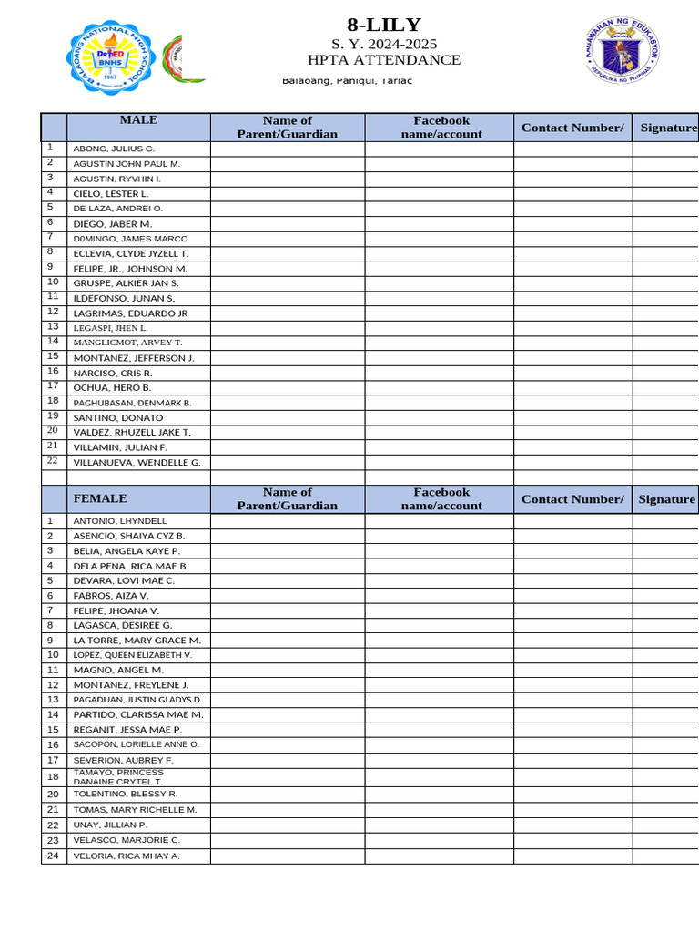 Attendance Hpta Meeting Pdf