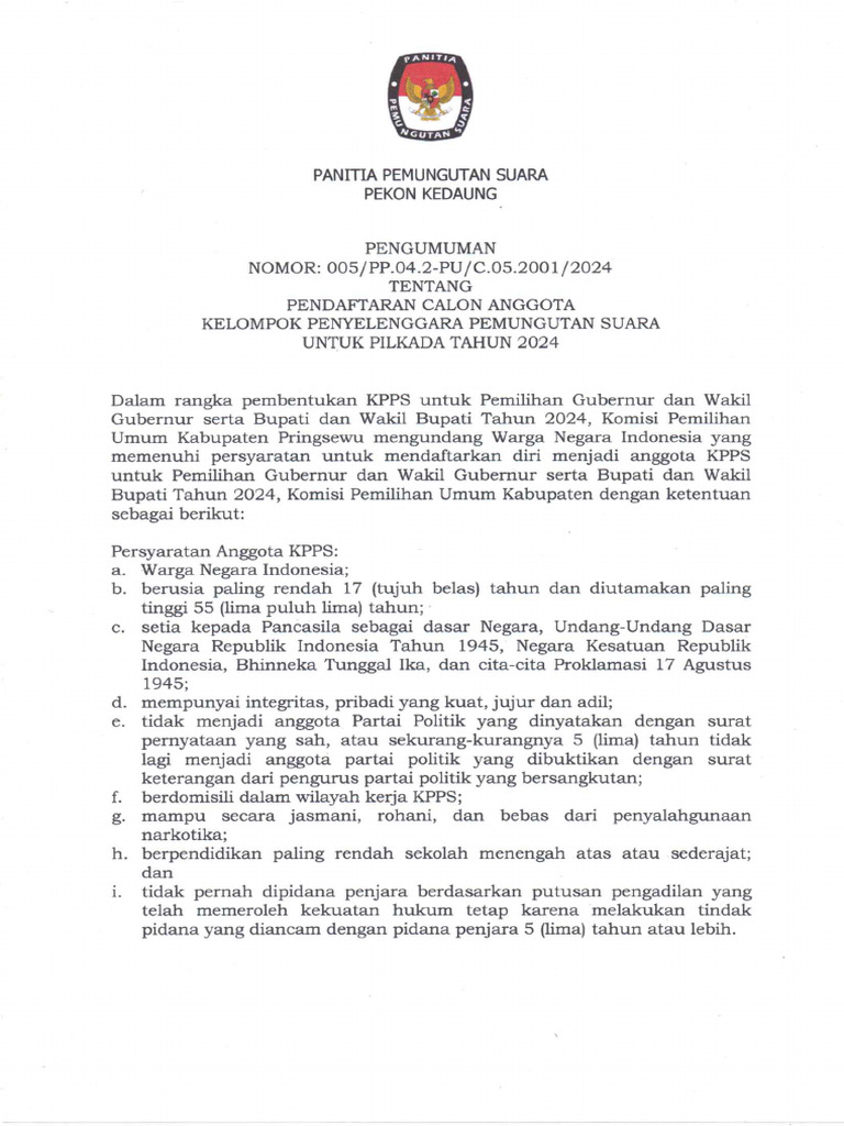 Pengumuman Rekrutmen Anggota KPPS Pekon Kedaung | PDF