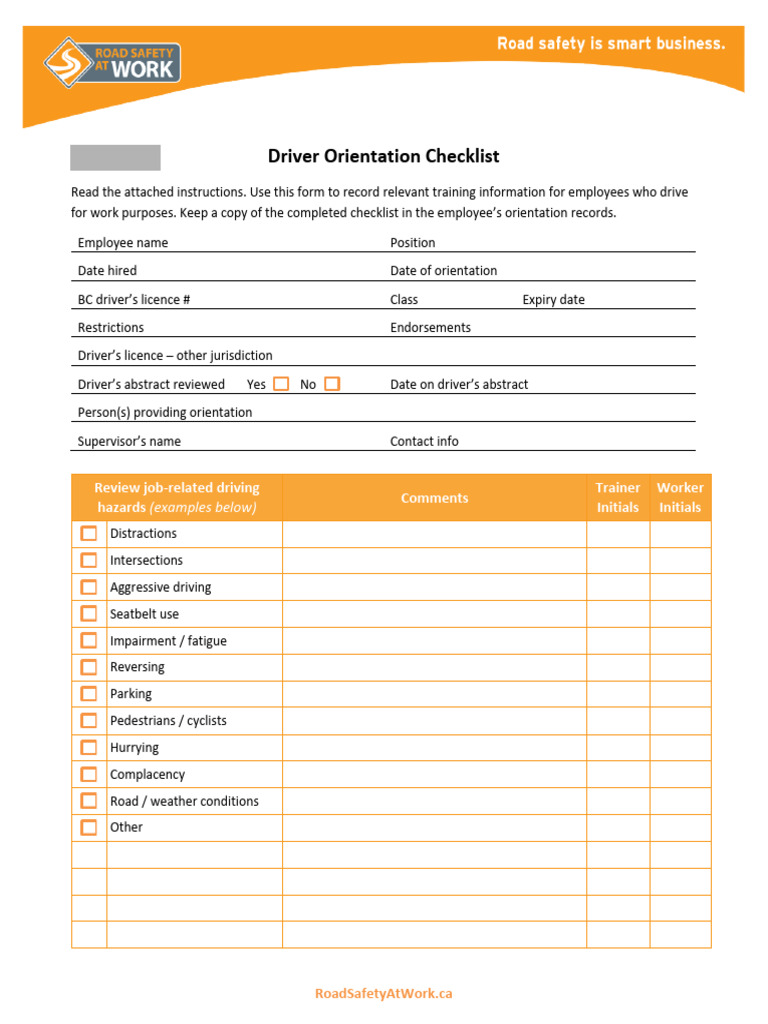 RSAW Driver Orientation Checklist Fillable | PDF