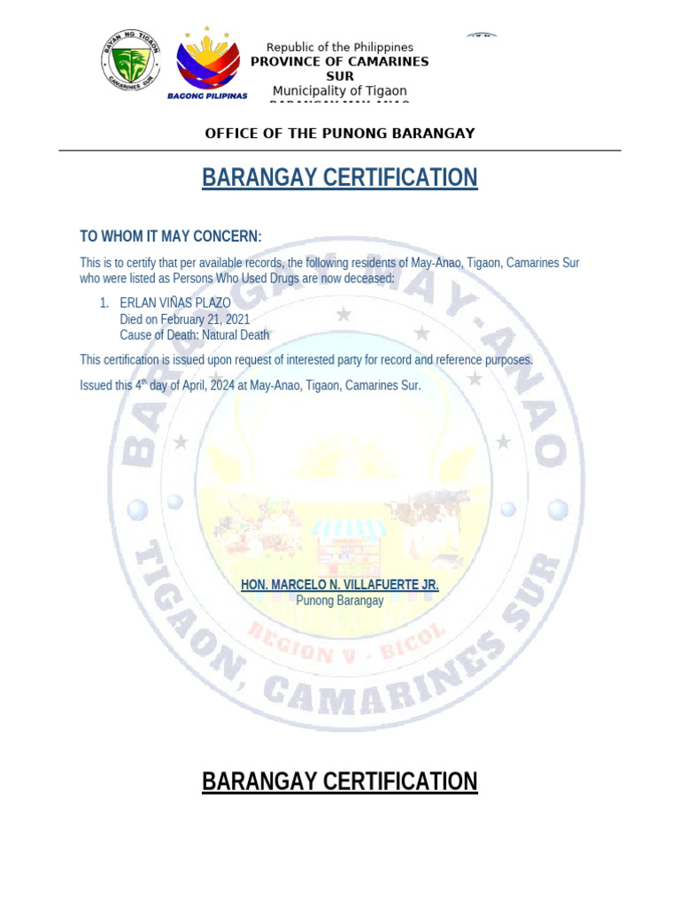 BARANGAY CERTIFICATION PWUDS Deceased | PDF