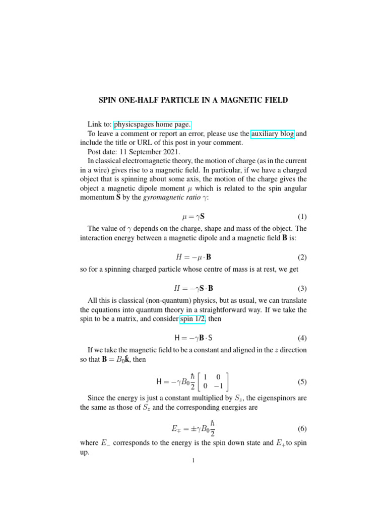 Spin One-Half Particle in A Magnetic Field | PDF