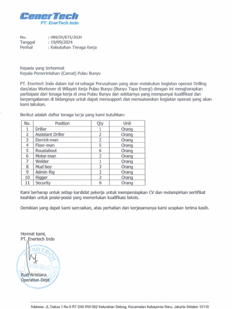 Surat Kebutuhan Tenaga Kerja (Rig Crew) | PDF